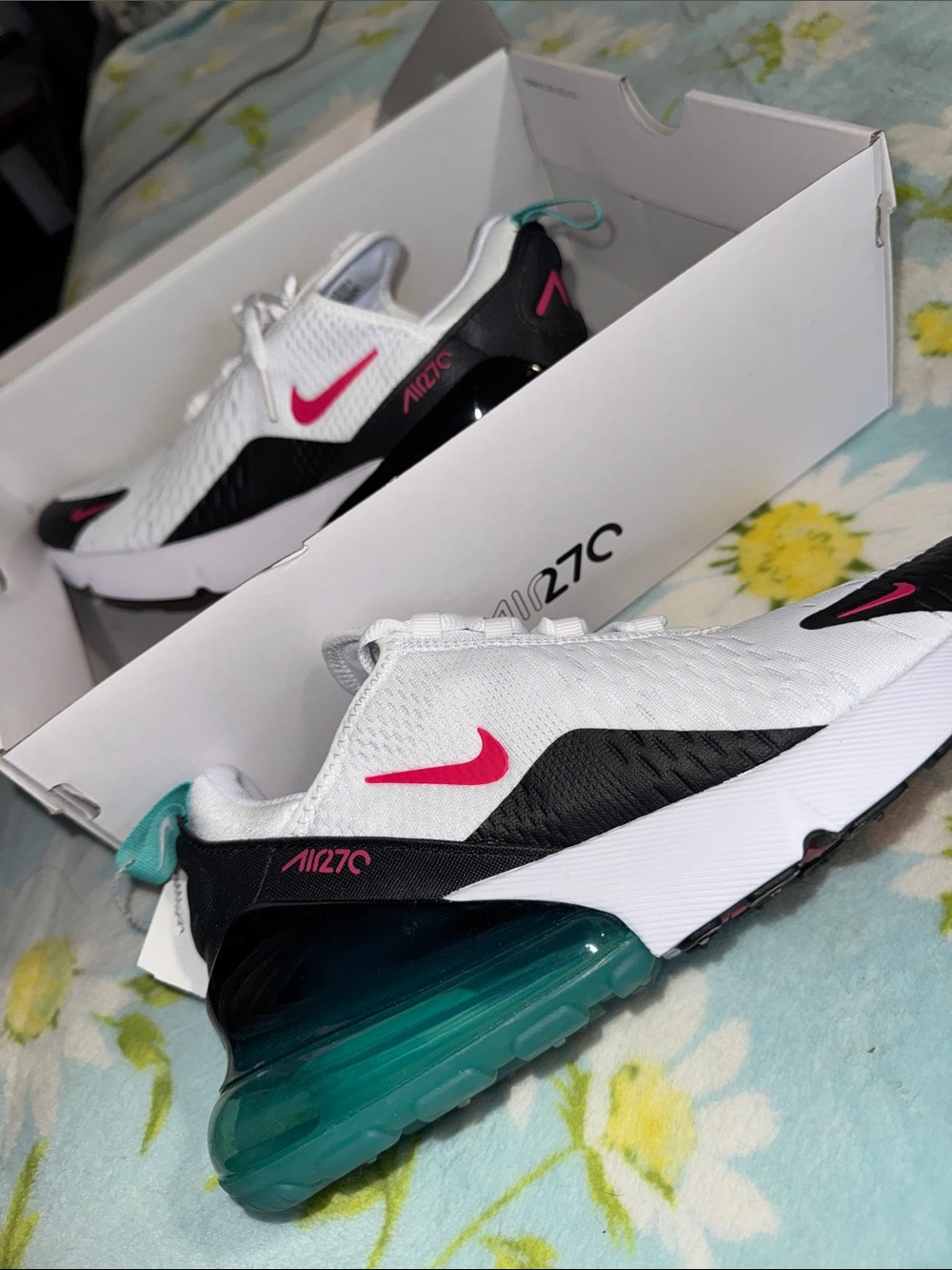 Nike Air Max 270 White Black Pink Teal Accent Sneakers